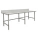 A stainless steel Advance Tabco work table with a white surface.