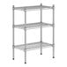 A wireframe metal shelving unit with three shelves.