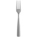 A silver stainless steel dessert/salad fork with a white background.