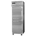 A stainless steel Continental Refrigerator with two half doors, one solid and one clear.