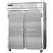 A large stainless steel reach-in refrigerator with two doors.