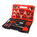 A red plastic toolbox with Olympia Tools 90 piece tool set inside.