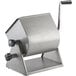 A silver stainless steel Backyard Pro manual meat mixer with black knobs and a handle.
