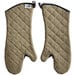 A pair of SafeMitt brown quilted oven mitts with a white neoprene gusset.