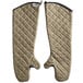 A pair of SafeMitt flame retardant oven mitts with a brown quilted cloth design.