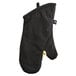 A black oven mitt with yellow trim.