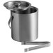 A silver stainless steel Franmara ice bucket with a lid and tongs.