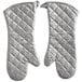 A pair of silver silicone-coated oven mitts with a quilted design.