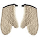 A pair of white Terry oven mitts with black trim.