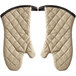 A pair of beige flame retardant oven mitts.