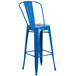 A blue metal bar stool with a round seat.