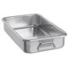 A silver rectangular aluminum Vollrath double roaster pan with a handle.