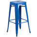A blue metal bar stool with a square seat.