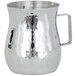 An American Metalcraft silver stainless steel bell creamer with a handle.