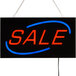 A white LED rectangular sale sign with blue and red letters.
