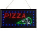 A rectangular white LED sign shaped like a pizza slice with lights on it.