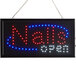 A rectangular LED sign that says "Nails Open" in lights.
