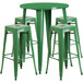 Flash Furniture CH-51090BH-4-30SQST-GN-GG 30" Round Green Metal Indoor / Outdoor Bar Height Table with 4 Square Seat Backless Stools Main Thumbnail 1