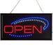 A white rectangular LED sign that says open in red and blue lights.