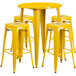 A yellow metal Flash Furniture bar table with 4 yellow square seat backless stools.