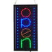 A rectangular LED open sign with multicolor lights displaying the word "Open" in a vertical format.