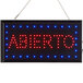 A white rectangular LED sign with "Abierto" in red and blue lights.