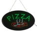 A white oval LED sign with "Pizza" in green lights.