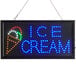A rectangular LED ice cream sign with lights on a white background.