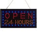 A rectangular white LED sign that says "Open 24 Hours" with red lights on it.