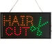 A rectangular white LED hair cut sign with lights on it.