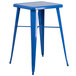 A blue metal square bar stool.