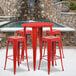 Flash Furniture CH-51090BH-4-30SQST-RED-GG 30" Round Red Metal Indoor / Outdoor Bar Height Table with 4 Square Seat Backless Stools Main Thumbnail 4