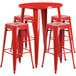 Flash Furniture CH-51090BH-4-30SQST-RED-GG 30" Round Red Metal Indoor / Outdoor Bar Height Table with 4 Square Seat Backless Stools Main Thumbnail 1