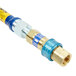 A blue and gold gas connector kit with a yellow restraining cable.