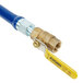 A blue Dormont gas connector with a yellow valve handle.