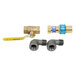 A Dormont gas connector kit with blue and yellow hoses, valves, and fittings.