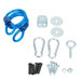 A blue rope and hardware kit with screws and nuts including a white disk with a hole in it.