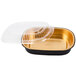 A black and gold Durable Packaging foil entree container with a clear lid.