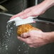 A person washing a potato with a Carlisle Sparta Spectrum vegetable brush.