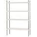 A white metal Advance Tabco shelving unit with four shelves and chrome posts.