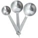 A Tablecraft 3-piece stainless steel measuring spoon set with extra-large handles.
