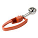 A Zeroll #50 red ice cream scoop with an orange handle.