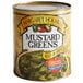 A case of 6 #10 cans of Margaret Holmes chopped mustard greens on a table.