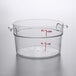 A clear plastic Cambro food storage container with red measurements on it.