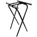 A black Tablecraft metal tray stand with two legs and black straps.