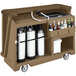A brown Cambro portable bar with bottles and a cooler.