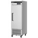 A stainless steel Turbo Air reach-in refrigerator with a black handle on wheels.
