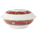 A white melamine bowl with a red and white design on the lid.