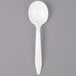 A white plastic soup spoon with a long handle.