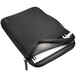 A black Kensington laptop sleeve with a laptop inside and a zipper.